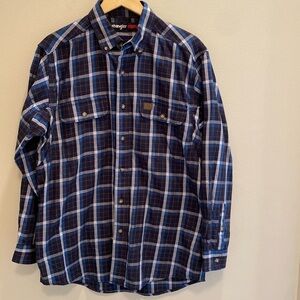Wrangler® RIGGS Workwear® Long Sleeve Navy Blue Plaid Work Shirt Size LARGE